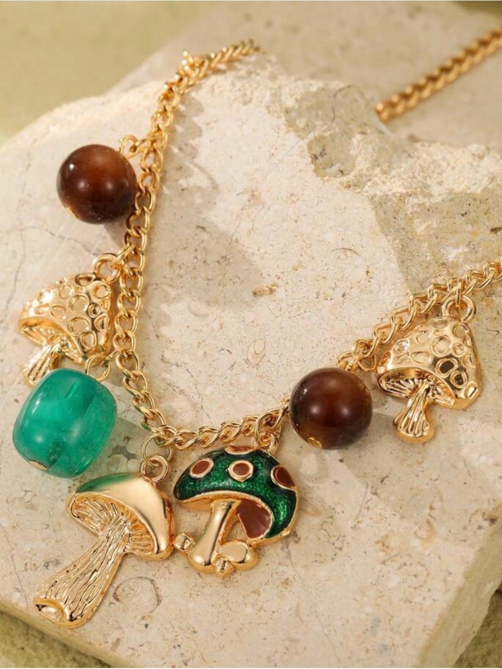 Gold-Tone Green Mushroom Charm Necklace - Women Jewelry